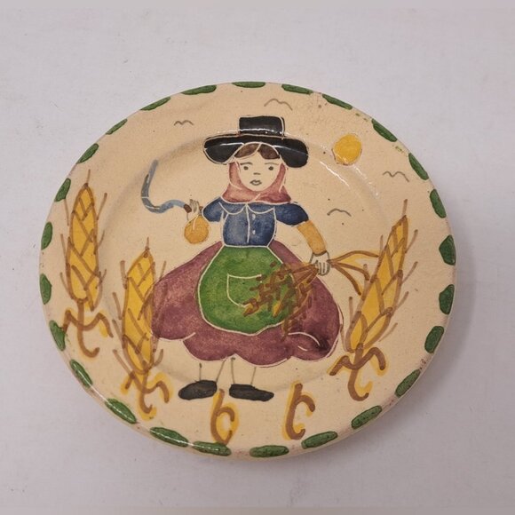 Pirraca Redondo Portugal Pottery Plate Women Farmer Ethanware Terracotta 5.5" - Picture 1 of 6